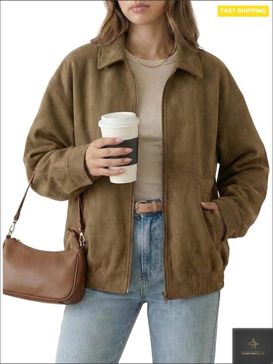 Jackets & Blazers - Oversized Faux Suede Bomber Jacket Trendy Casual Zip Up Long Sleeve Coat with